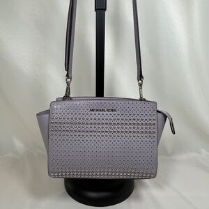 Michael Kors Selma Saffiano Leather Studded Messenger Crossbody Bag Pale Lilac